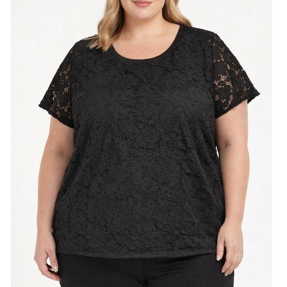 Calvin Klein Black Lace Overlay Blouse Short Sleeve Pullover Women's XL